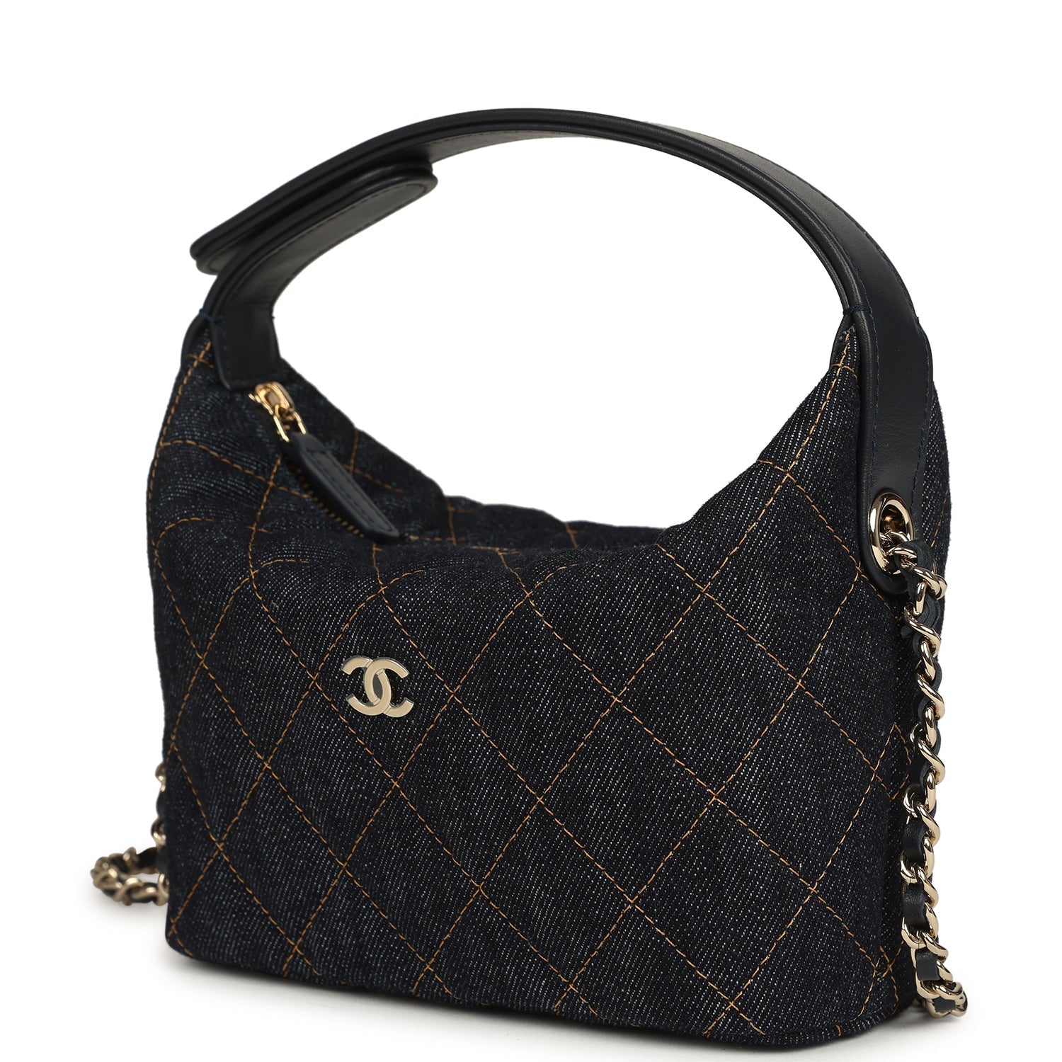 Chanel Mini Hobo Pouch with Chain Dark Blue Denim and Leather Light Gold Hardware