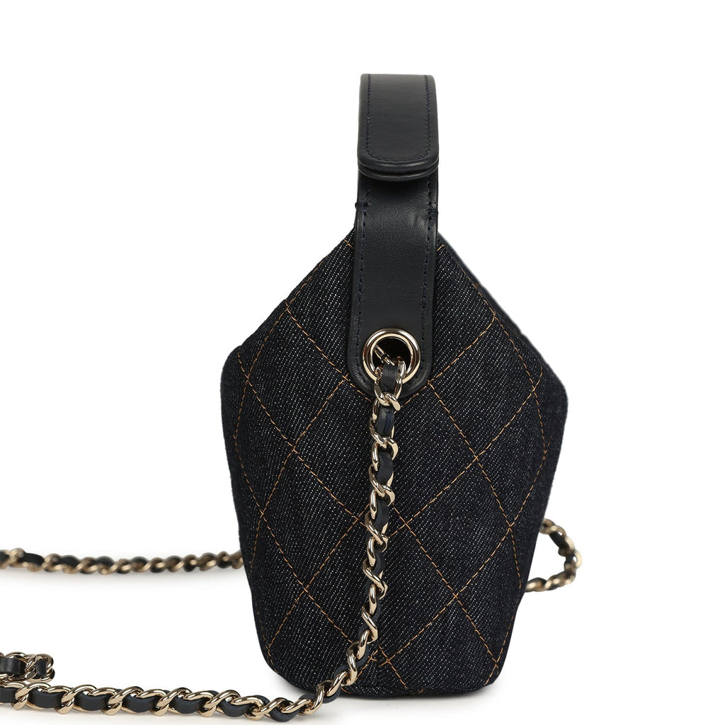 Chanel Mini Hobo Pouch with Chain Dark Blue Denim and Leather Light Gold Hardware