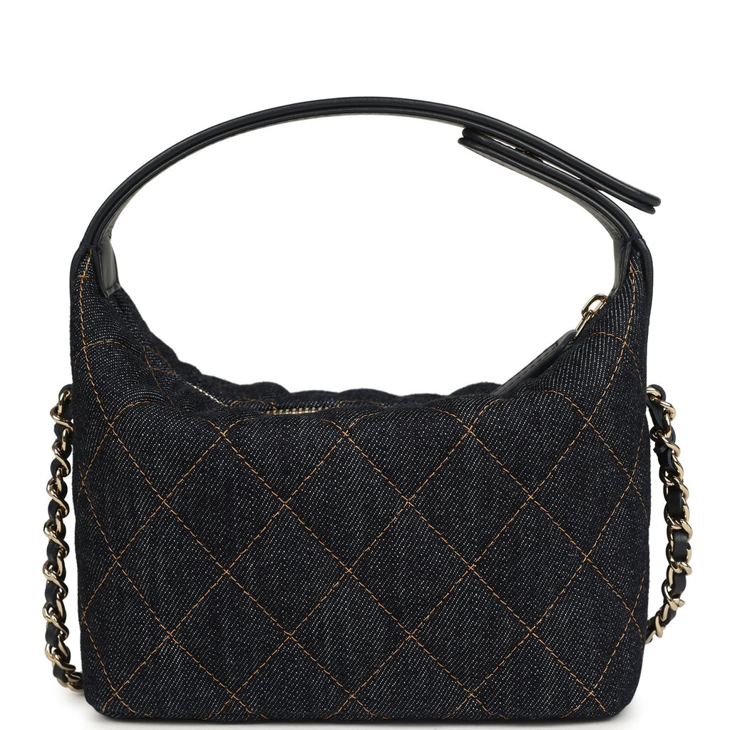 Chanel Mini Hobo Pouch with Chain Dark Blue Denim and Leather Light Gold Hardware