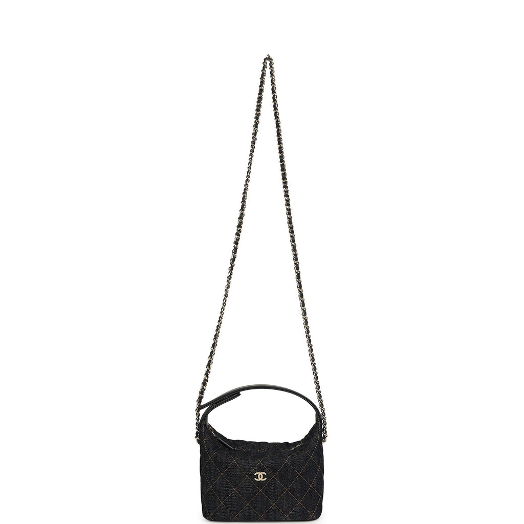 Chanel Mini Hobo Pouch with Chain Dark Blue Denim and Leather Light Gold Hardware