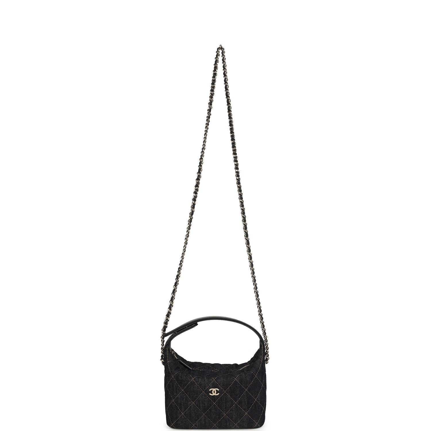 Chanel Mini Hobo Pouch with Chain Dark Blue Denim and Leather Light Gold Hardware
