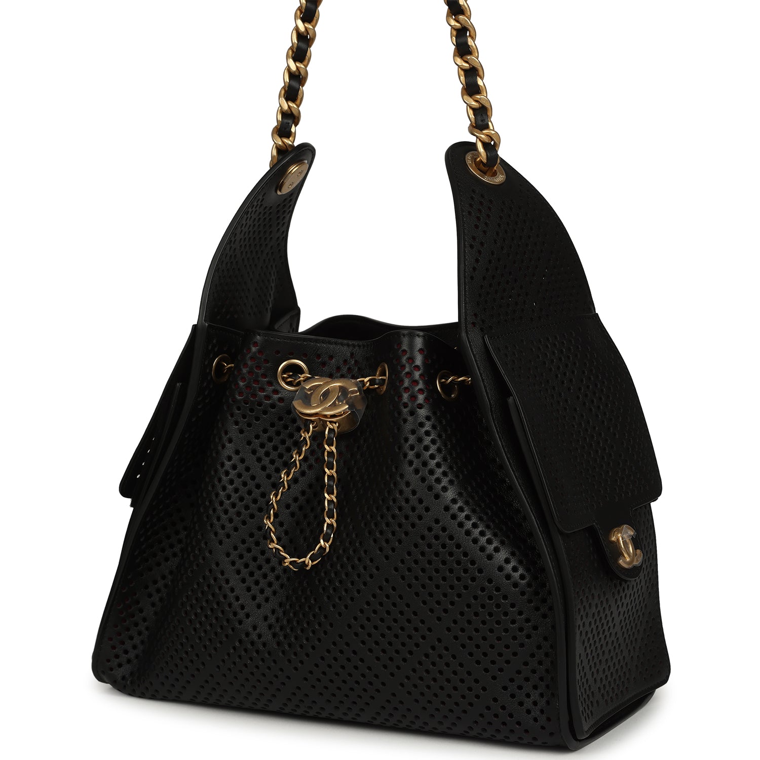 Chanel Small 25 Hobo Bag Black Perforated Calfskin Antique Gold Hardware