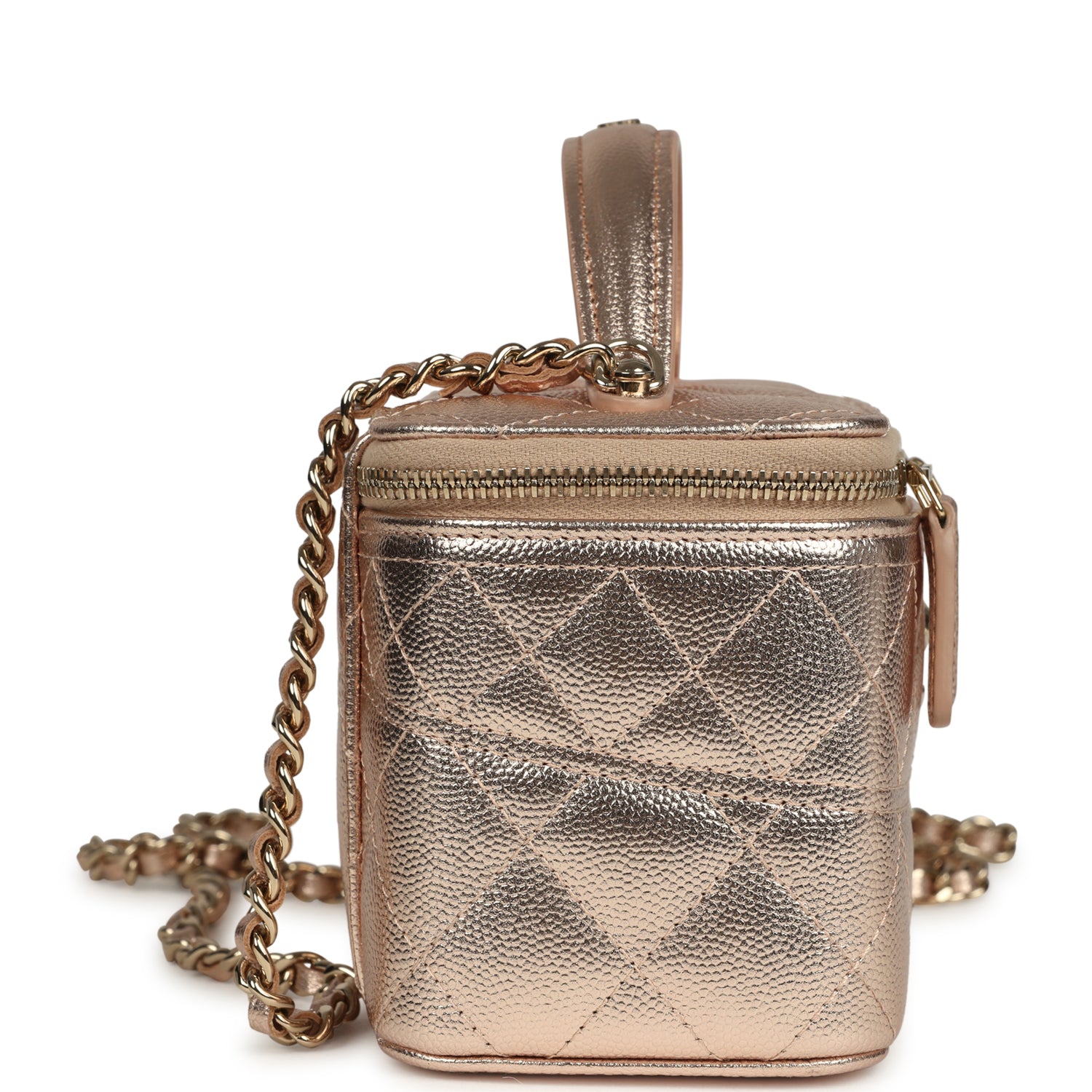 Chanel Small Top Handle Vanity Case With Chain Metallic Copper Shiny Caviar Light Gold Hardware