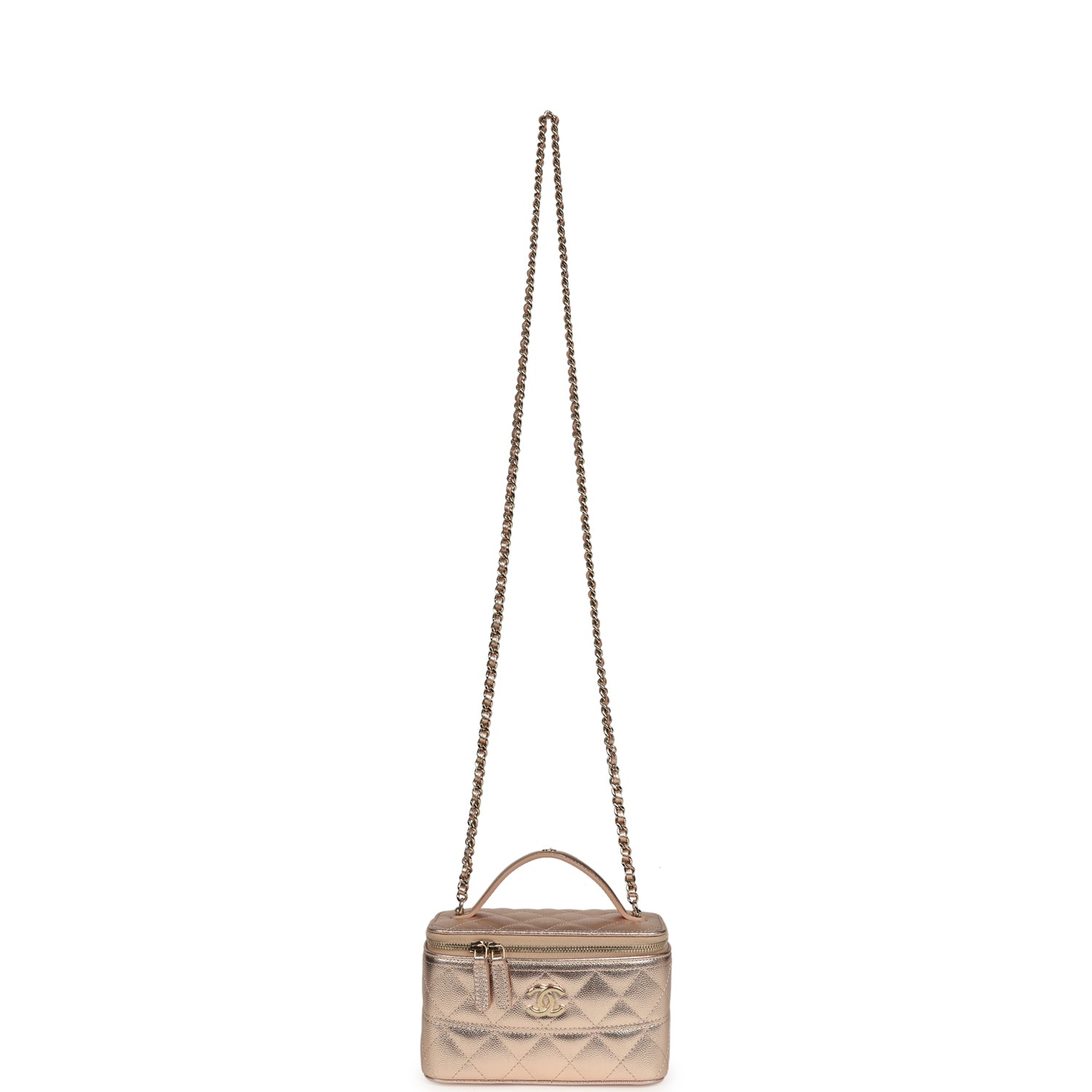 Chanel Small Top Handle Vanity Case With Chain Metallic Copper Shiny Caviar Light Gold Hardware