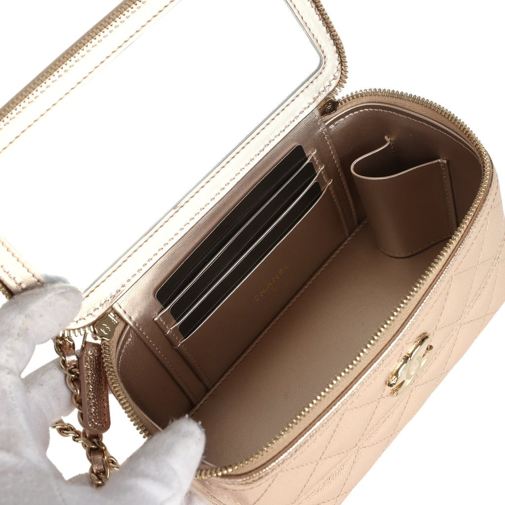 Chanel Small Top Handle Vanity Case With Chain Metallic Copper Shiny Caviar Light Gold Hardware
