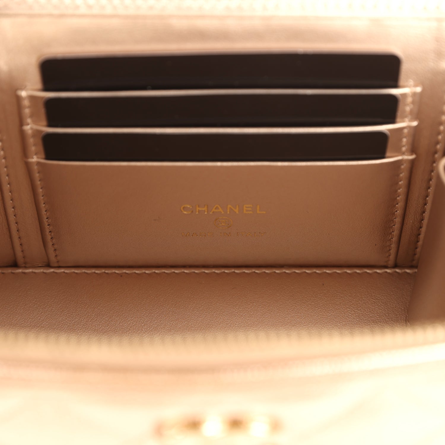 Chanel Small Top Handle Vanity Case With Chain Metallic Copper Shiny Caviar Light Gold Hardware