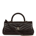 Chanel Maxi Coco Handle Long Chevron Flap Bag Dark Brown Shiny Goatskin Light Gold Hardware
