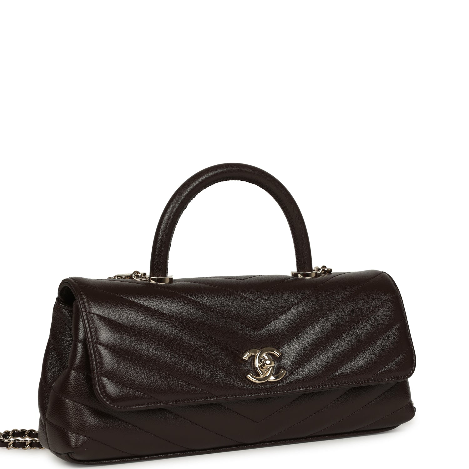 Chanel Maxi Coco Handle Long Chevron Flap Bag Dark Brown Shiny Goatskin Light Gold Hardware