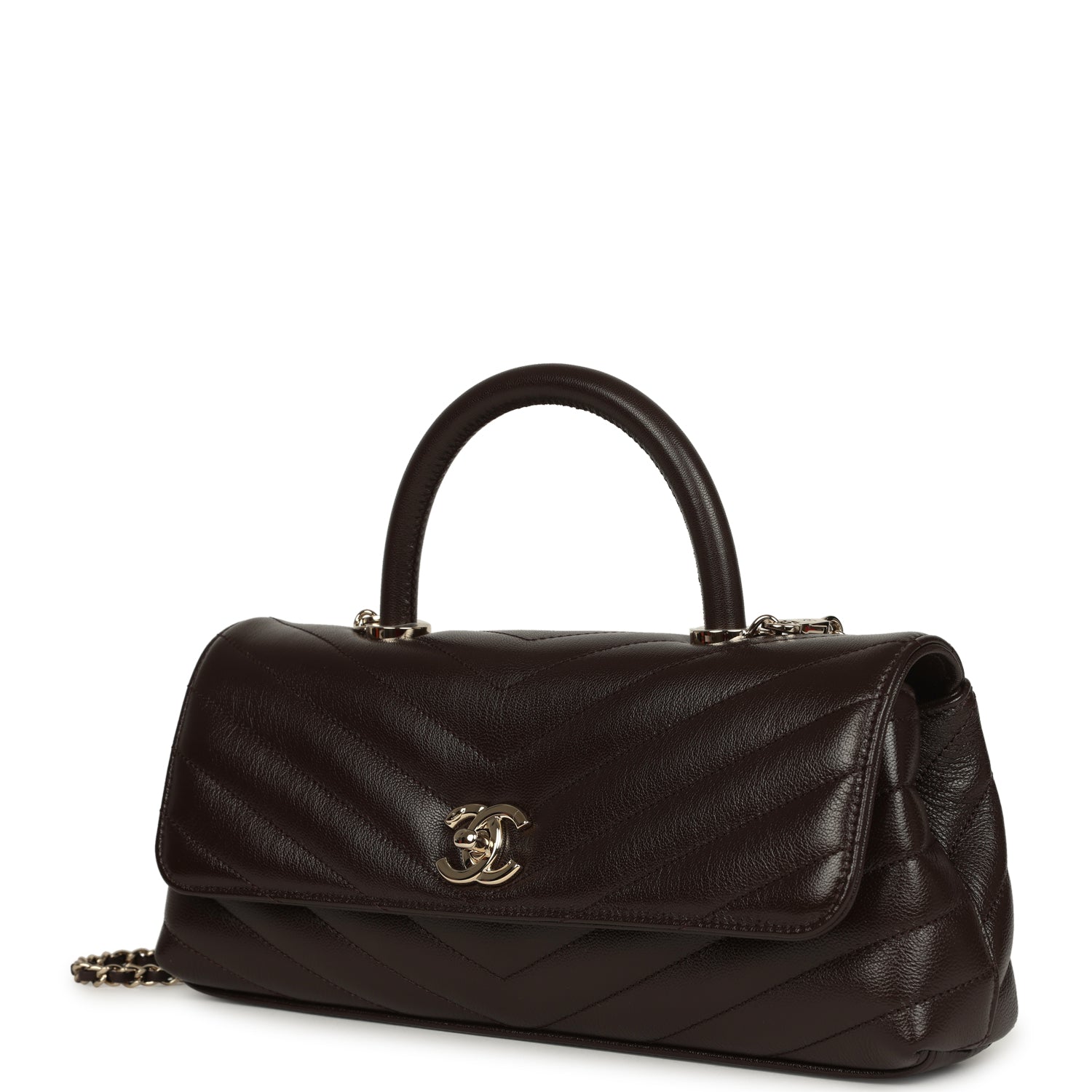 Chanel Maxi Coco Handle Long Chevron Flap Bag Dark Brown Shiny Goatskin Light Gold Hardware