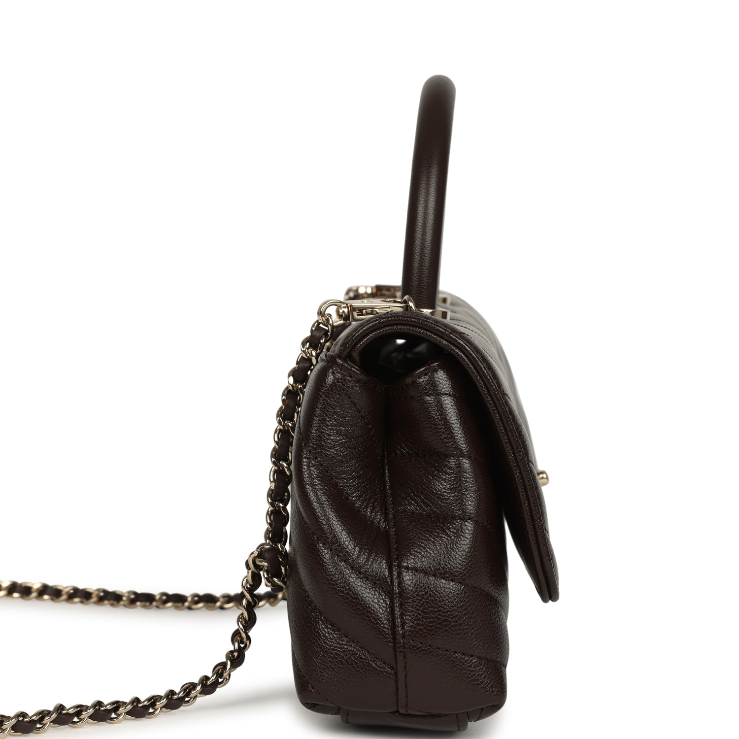 Chanel Maxi Coco Handle Long Chevron Flap Bag Dark Brown Shiny Goatskin Light Gold Hardware