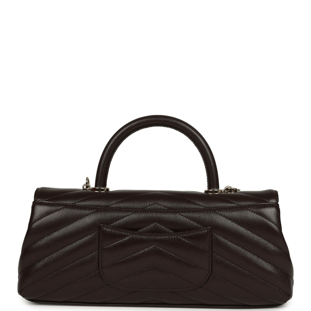 Chanel Maxi Coco Handle Long Chevron Flap Bag Dark Brown Shiny Goatskin Light Gold Hardware