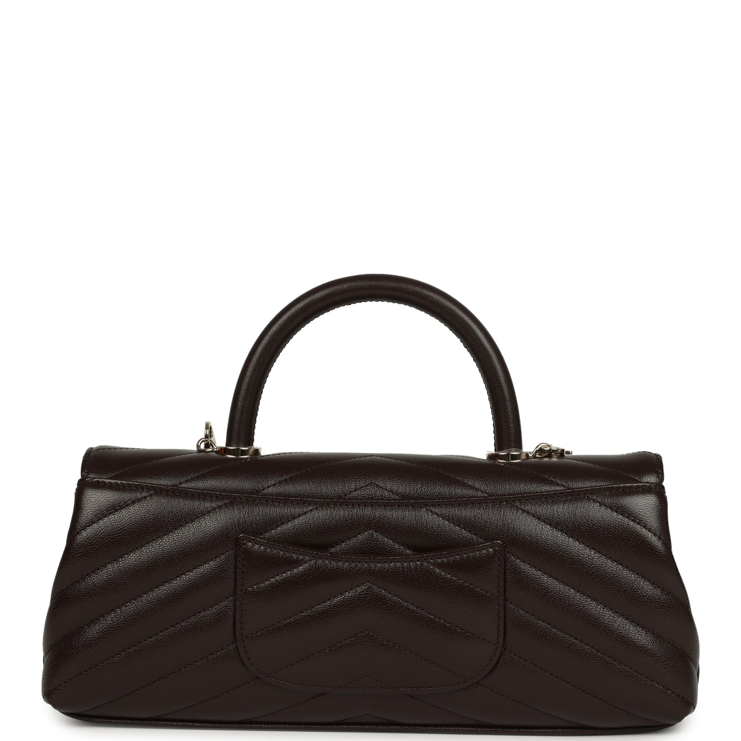 Chanel Maxi Coco Handle Long Chevron Flap Bag Dark Brown Shiny Goatskin Light Gold Hardware