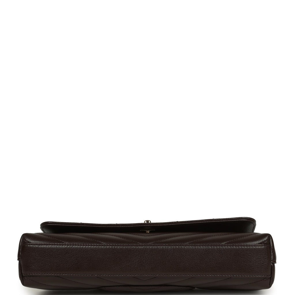 Chanel Maxi Coco Handle Long Chevron Flap Bag Dark Brown Shiny Goatskin Light Gold Hardware