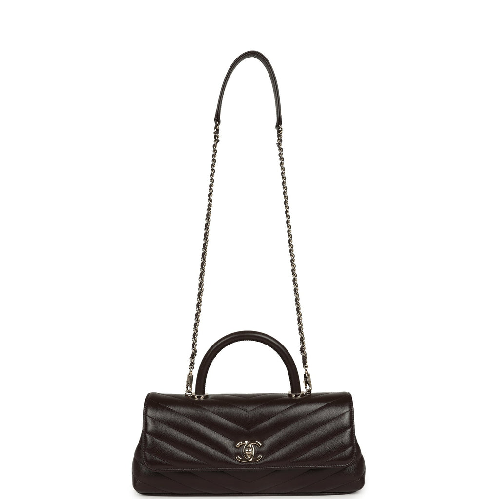 Chanel Maxi Coco Handle Long Chevron Flap Bag Dark Brown Shiny Goatskin Light Gold Hardware