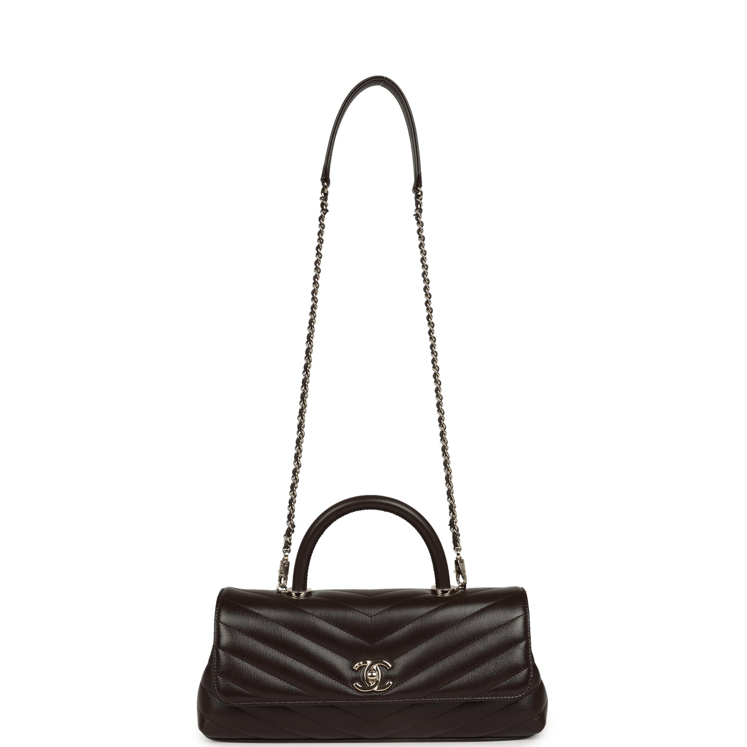 Chanel Maxi Coco Handle Long Chevron Flap Bag Dark Brown Shiny Goatskin Light Gold Hardware