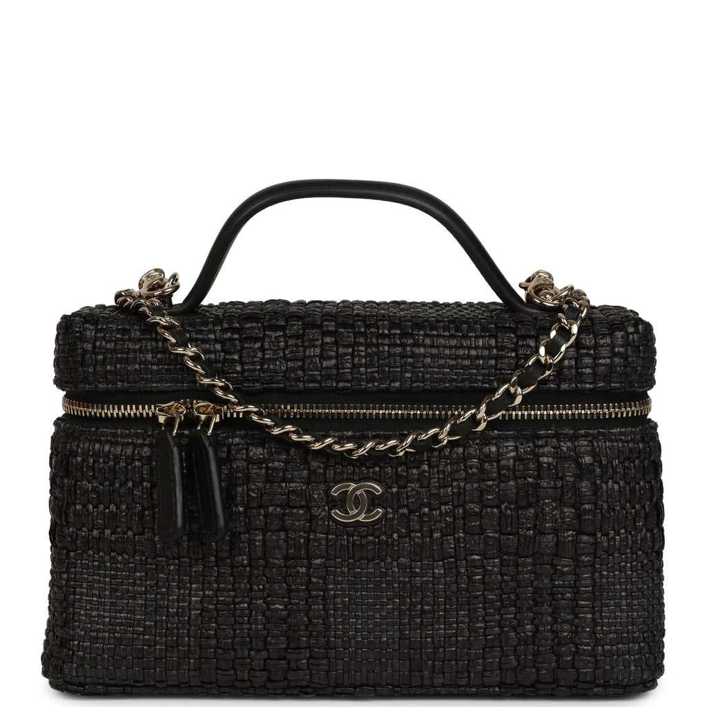 Chanel Top Handle Long Vanity Case with Chain Black Braided Raffia Light Gold Hardware