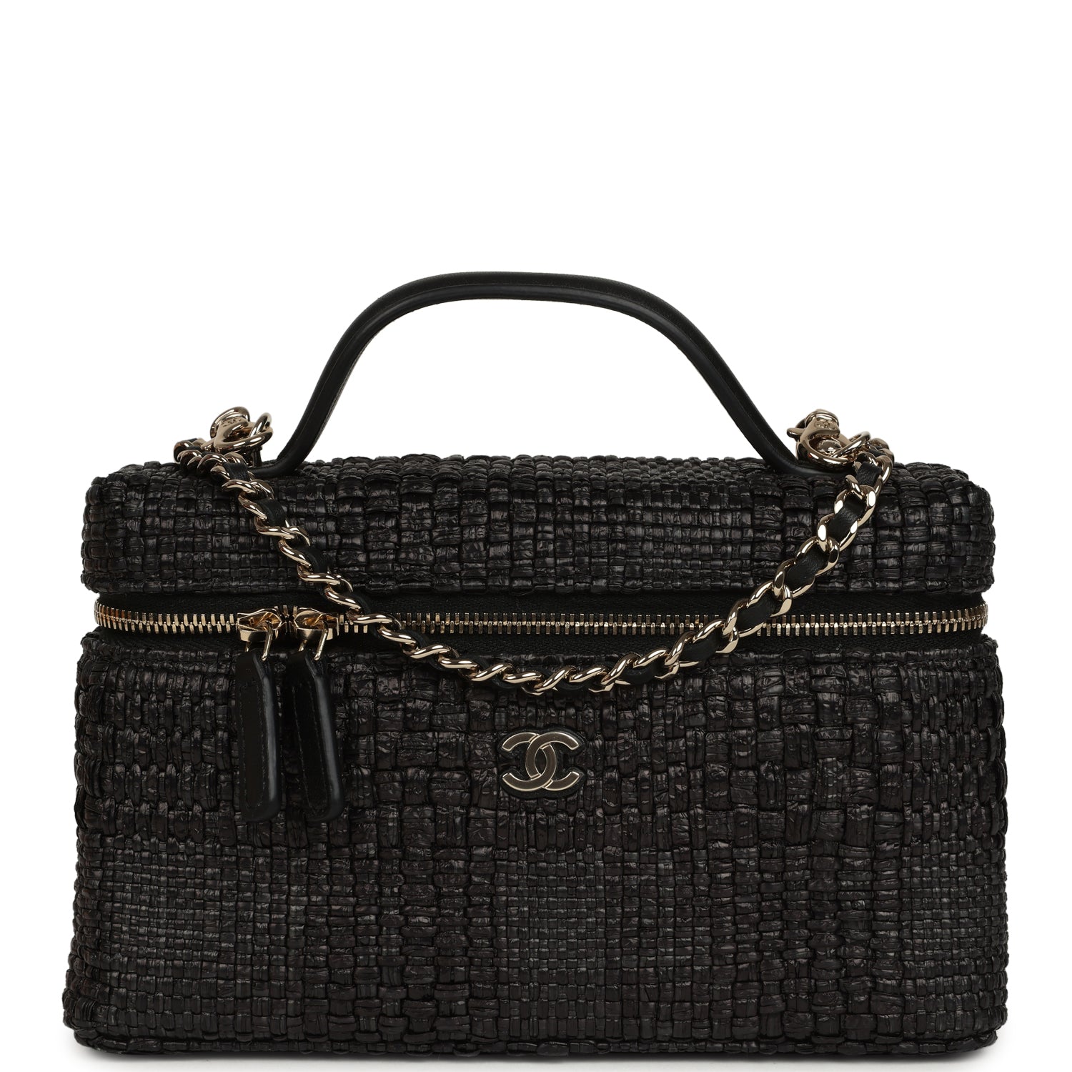 Chanel Top Handle Long Vanity Case with Chain Black Braided Raffia Light Gold Hardware