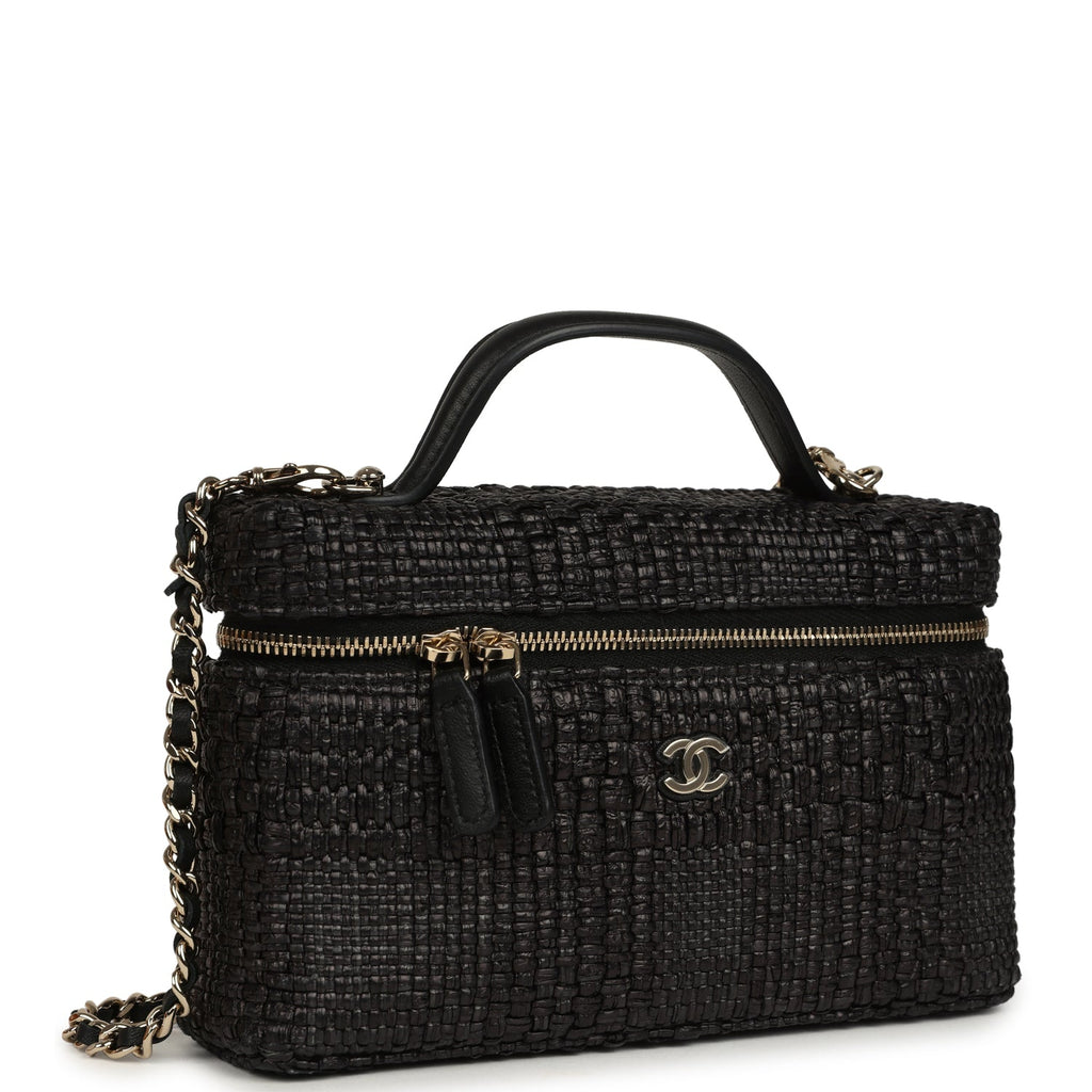 Chanel Top Handle Long Vanity Case with Chain Black Braided Raffia Light Gold Hardware