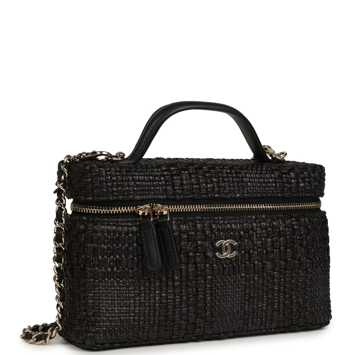Chanel Top Handle Long Vanity Case with Chain Black Braided Raffia Light Gold Hardware