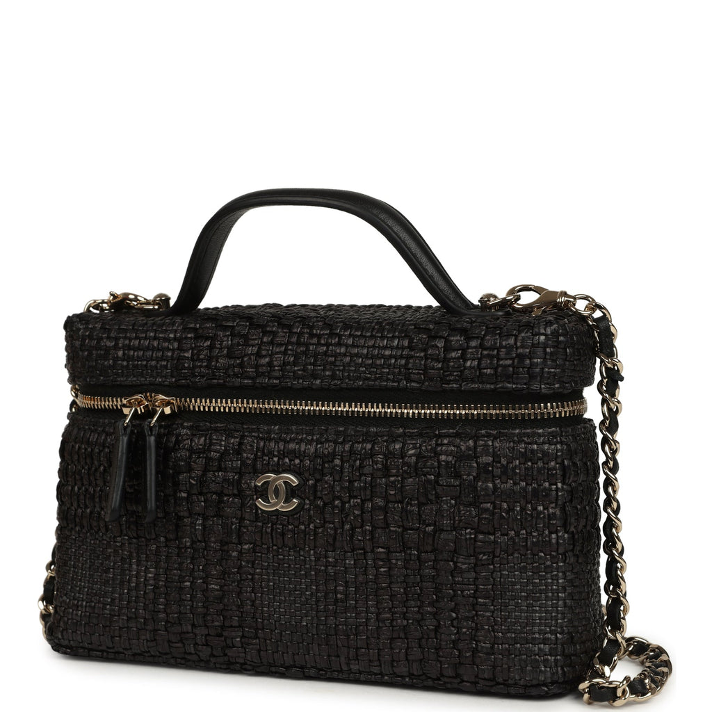 Chanel Top Handle Long Vanity Case with Chain Black Braided Raffia Light Gold Hardware