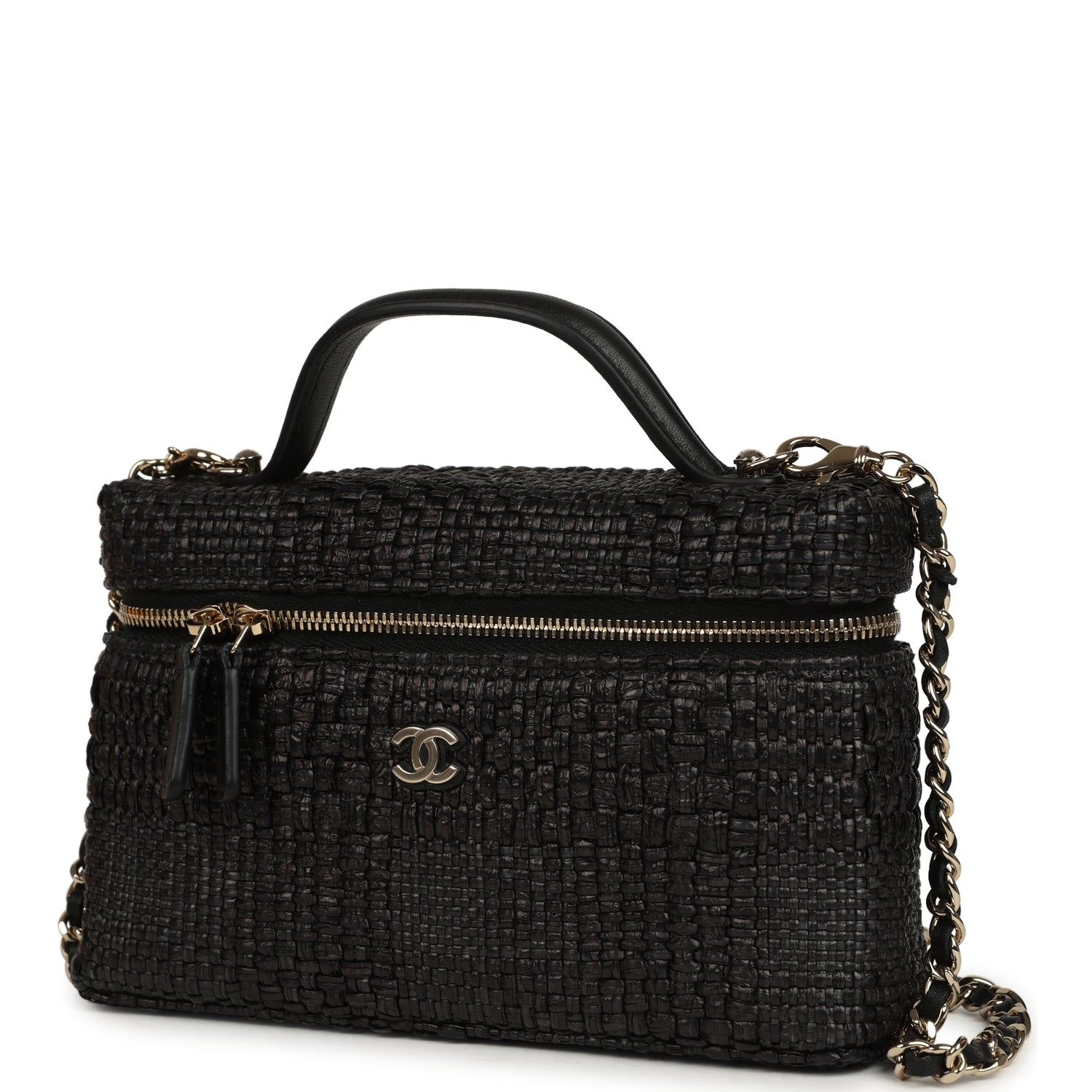 Chanel Top Handle Long Vanity Case with Chain Black Braided Raffia Light Gold Hardware
