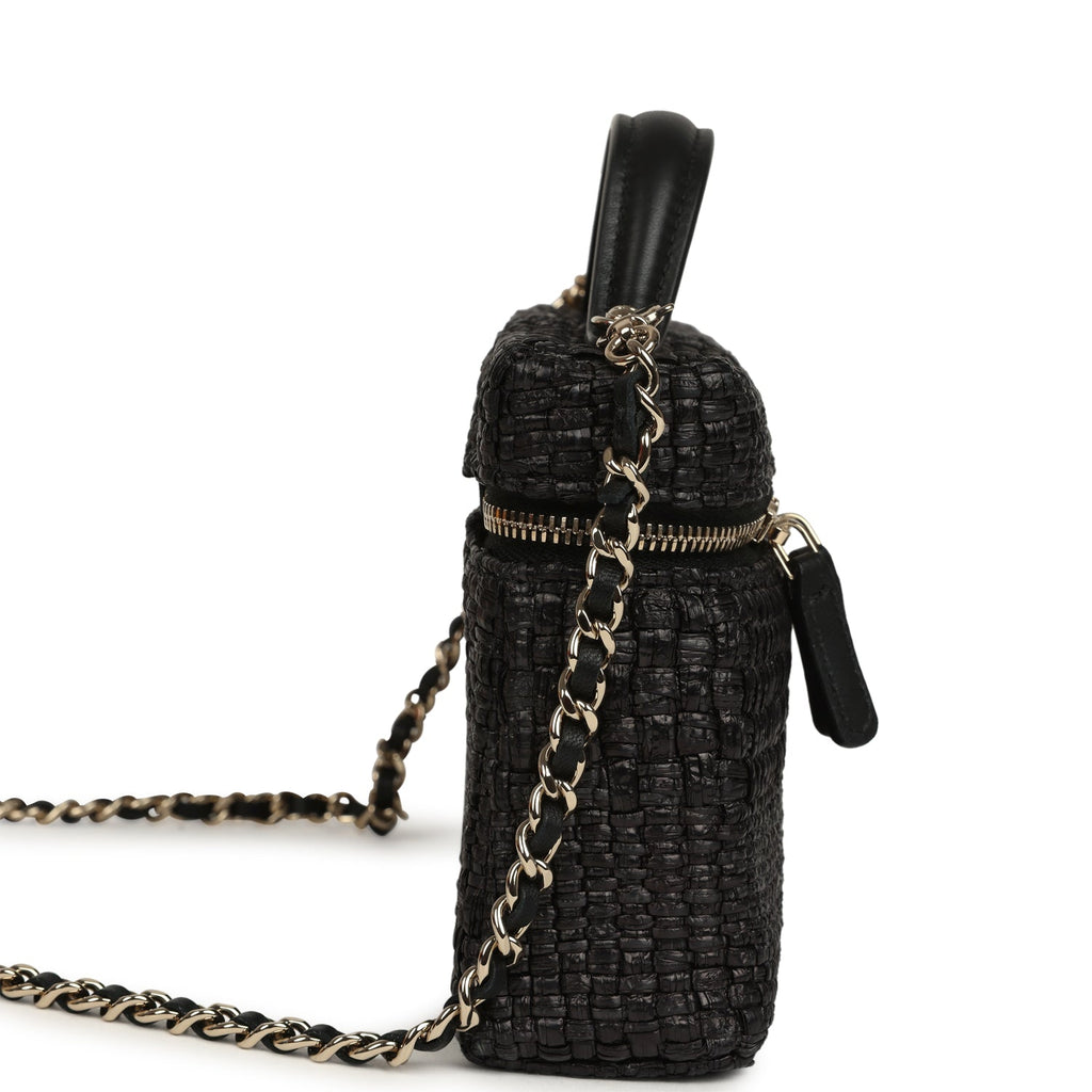 Chanel Top Handle Long Vanity Case with Chain Black Braided Raffia Light Gold Hardware