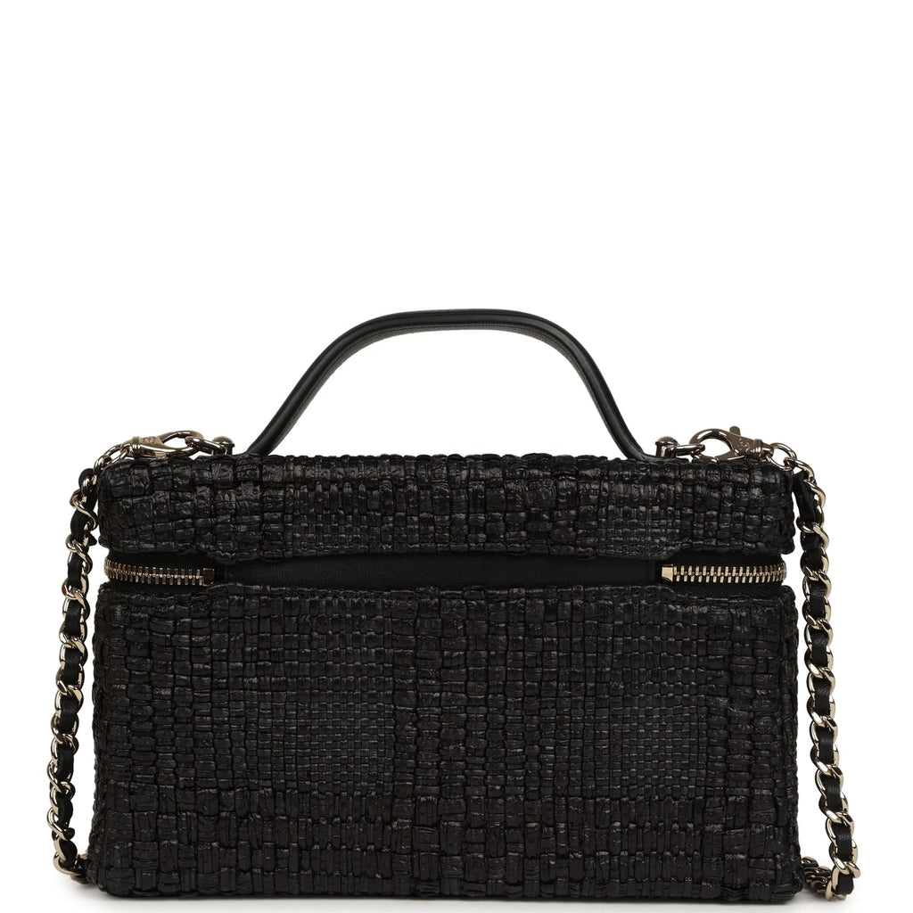 Chanel Top Handle Long Vanity Case with Chain Black Braided Raffia Light Gold Hardware