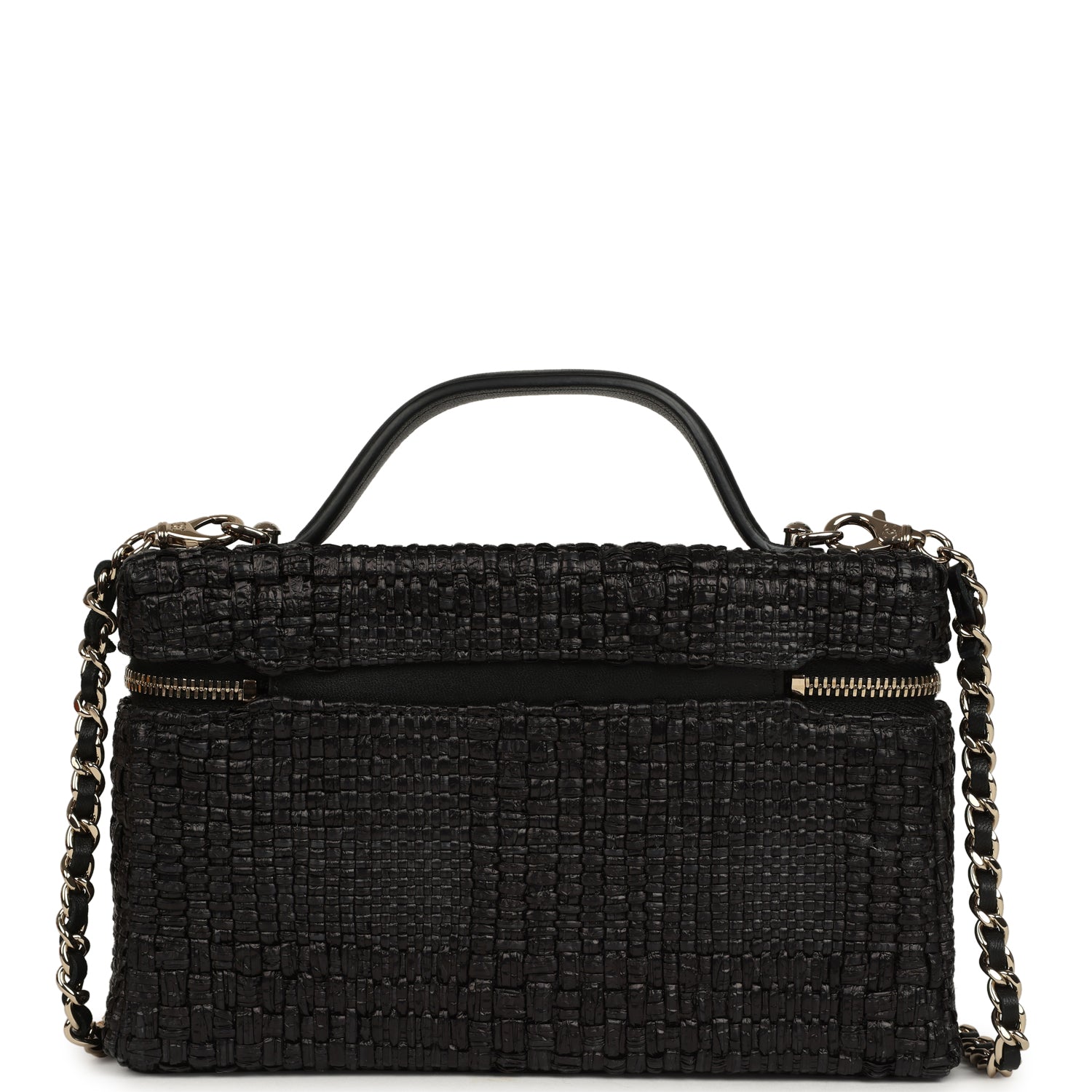 Chanel Top Handle Long Vanity Case with Chain Black Braided Raffia Light Gold Hardware
