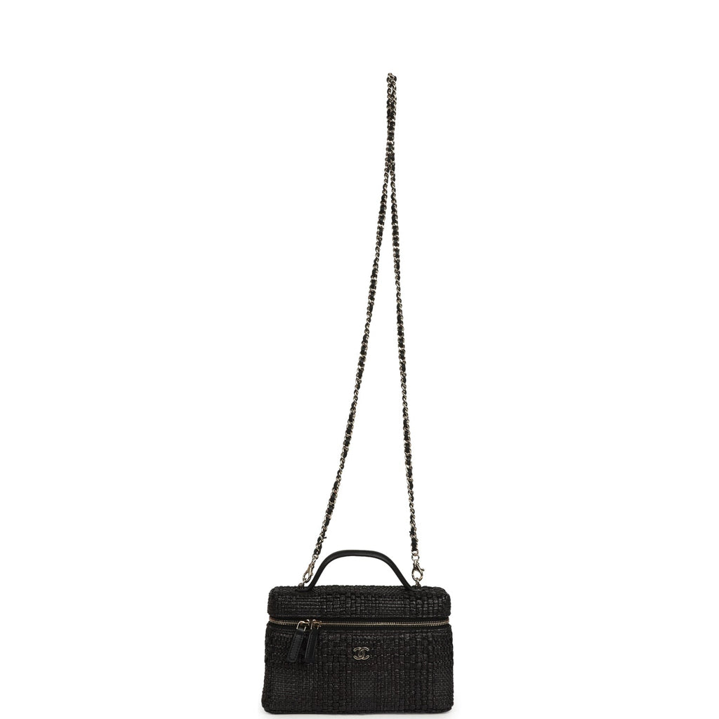 Chanel Top Handle Long Vanity Case with Chain Black Braided Raffia Light Gold Hardware