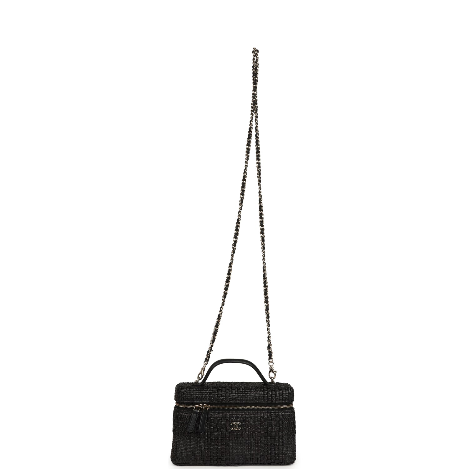 Chanel Top Handle Long Vanity Case with Chain Black Braided Raffia Light Gold Hardware