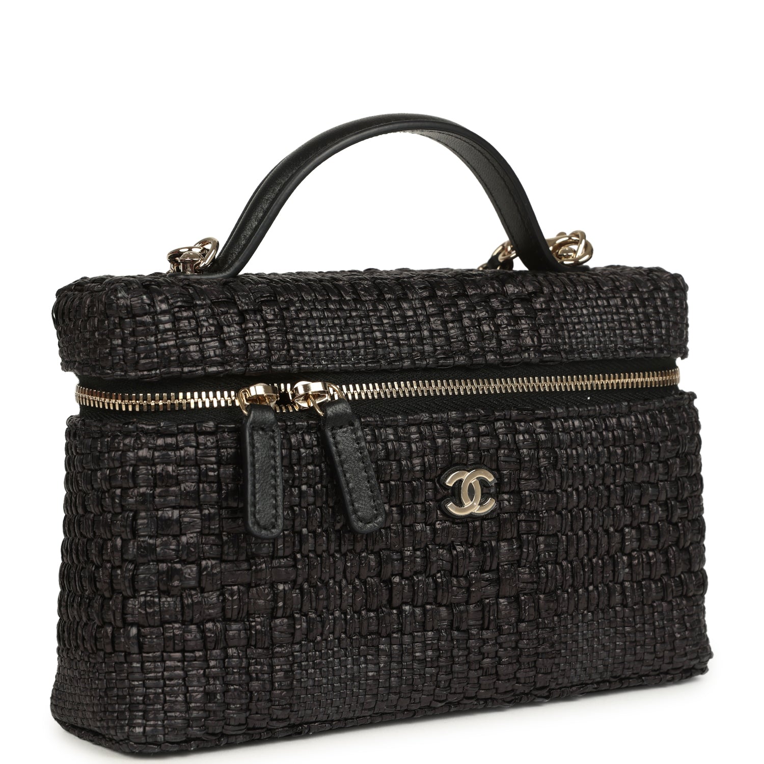 Chanel Top Handle Long Vanity Case with Chain Black Braided Raffia Light Gold Hardware
