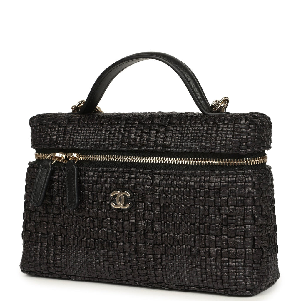 Chanel Top Handle Long Vanity Case with Chain Black Braided Raffia Light Gold Hardware