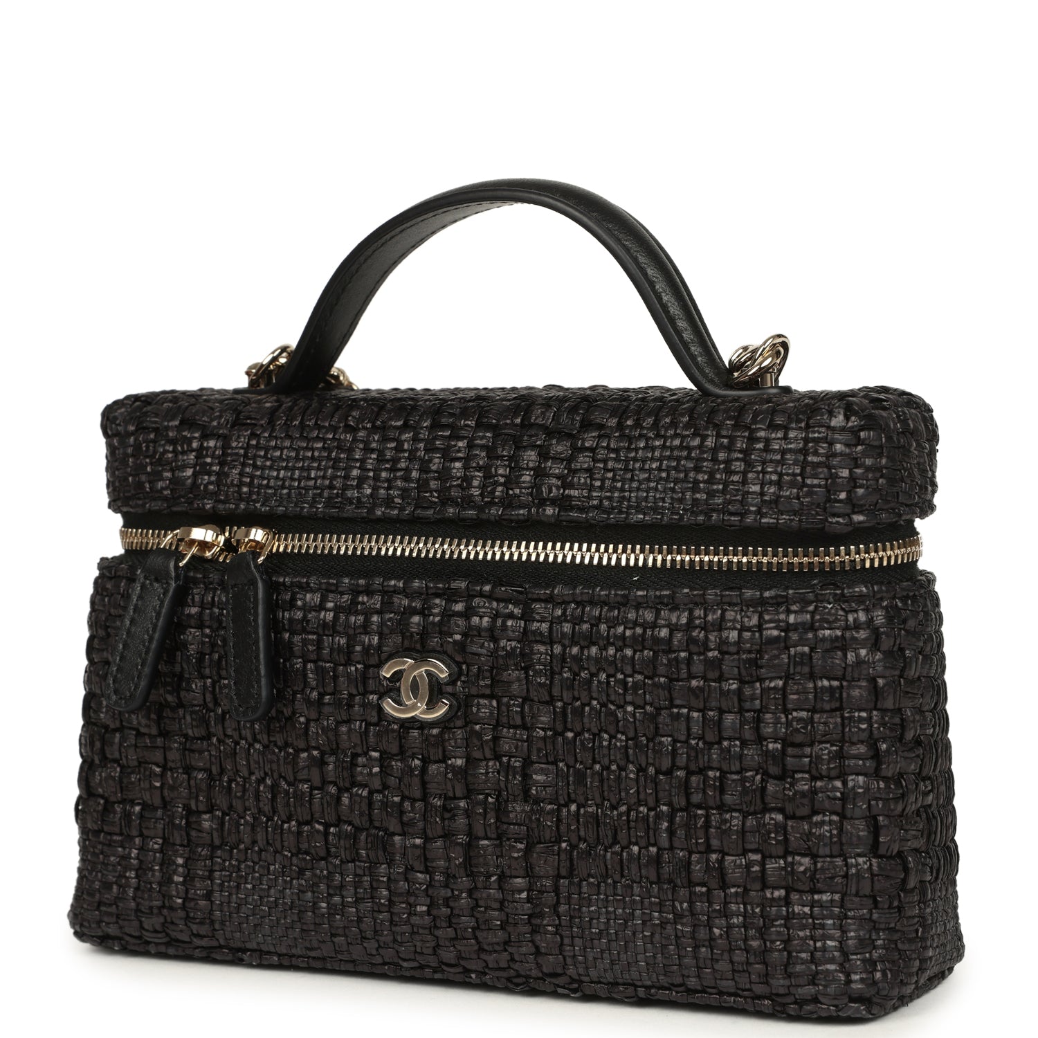 Chanel Top Handle Long Vanity Case with Chain Black Braided Raffia Light Gold Hardware