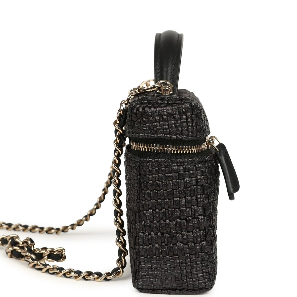 Chanel Top Handle Long Vanity Case with Chain Black Braided Raffia Light Gold Hardware