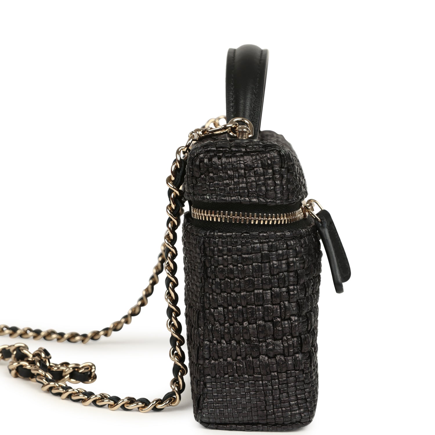 Chanel Top Handle Long Vanity Case with Chain Black Braided Raffia Light Gold Hardware