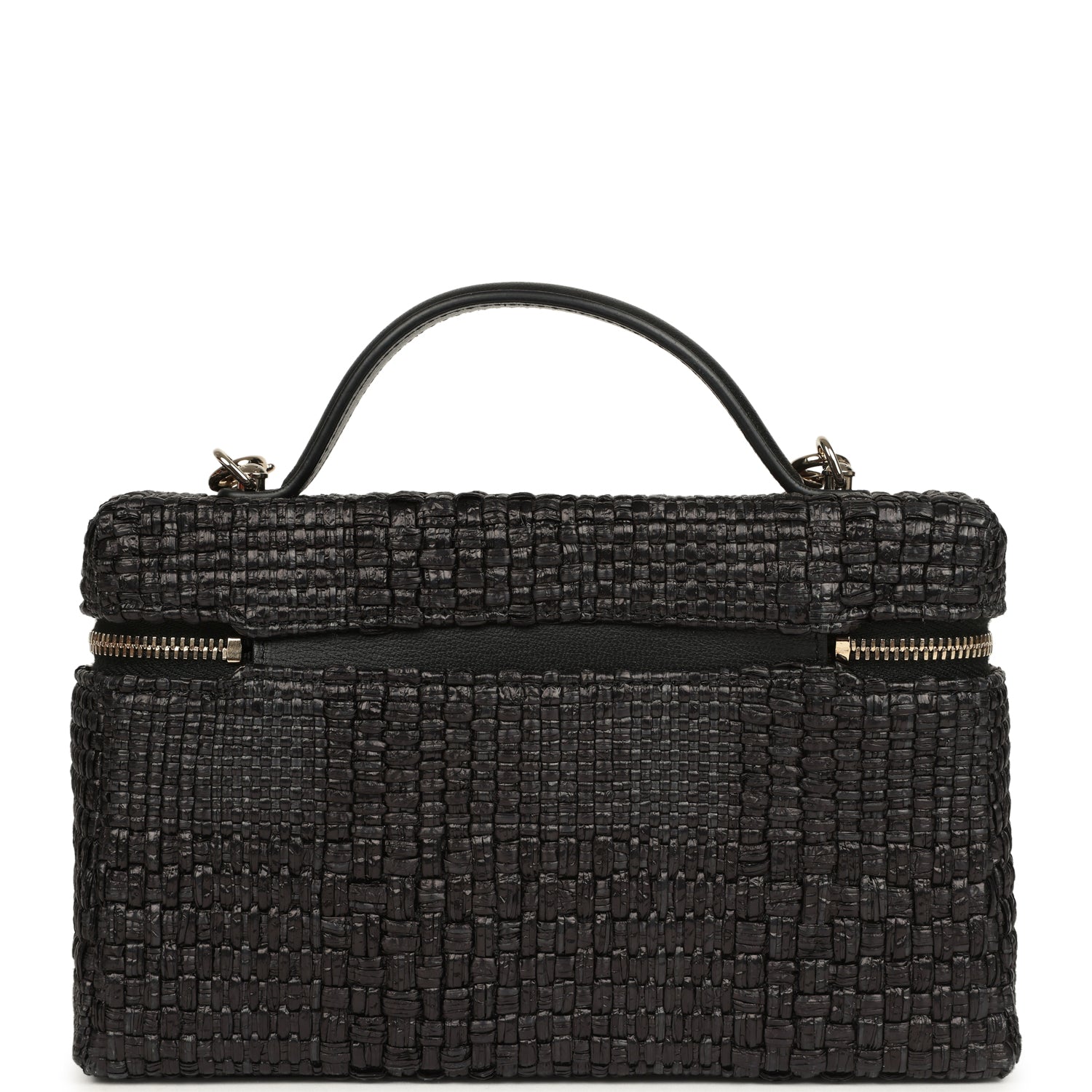 Chanel Top Handle Long Vanity Case with Chain Black Braided Raffia Light Gold Hardware