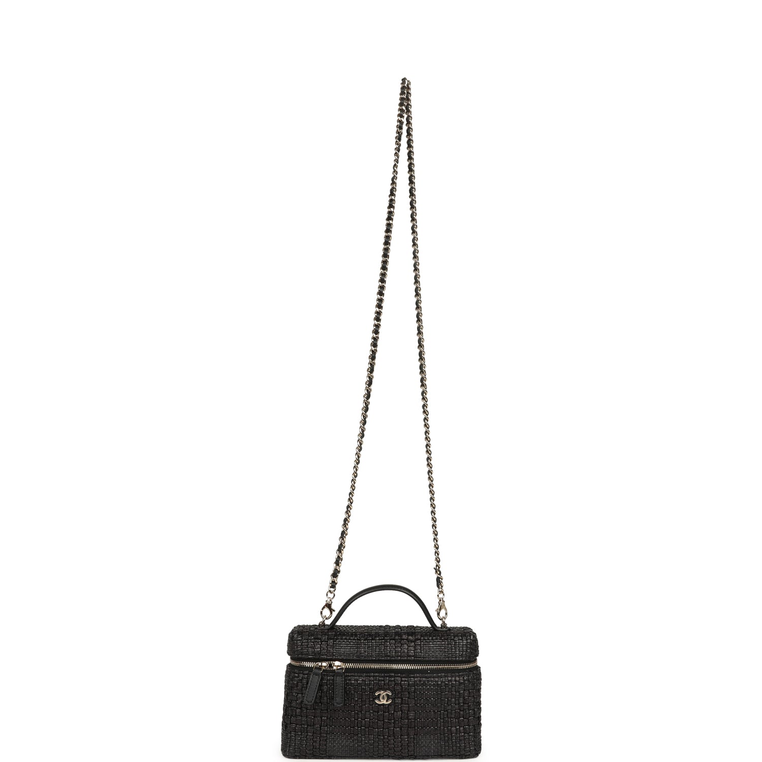 Chanel Top Handle Long Vanity Case with Chain Black Braided Raffia Light Gold Hardware