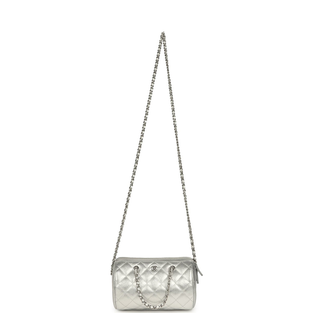 Chanel Mini Timeless Classic Barrel Bag with Chain Metallic Silver Shiny Caviar Silver Hardware