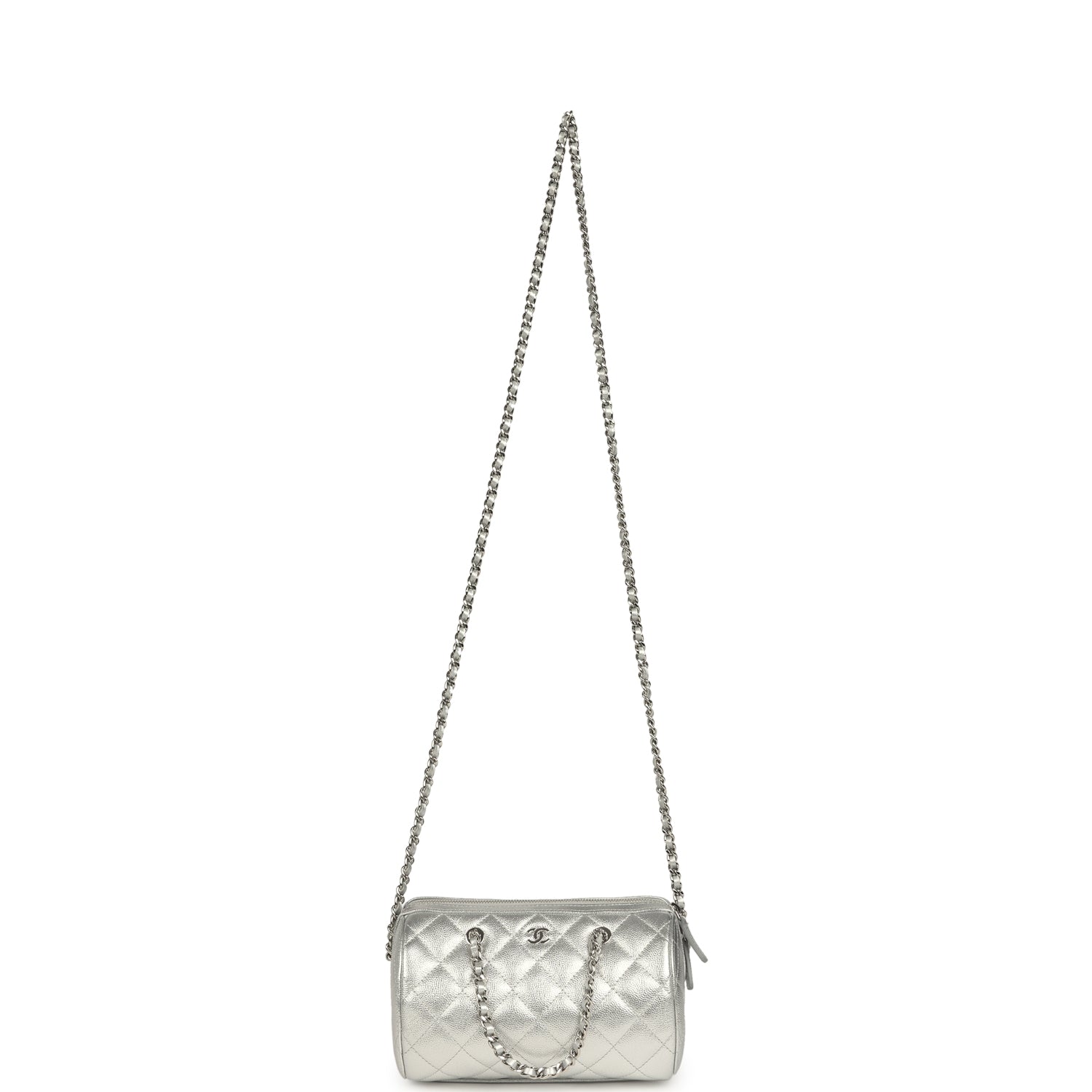 Chanel Mini Timeless Classic Barrel Bag with Chain Metallic Silver Shiny Caviar Silver Hardware