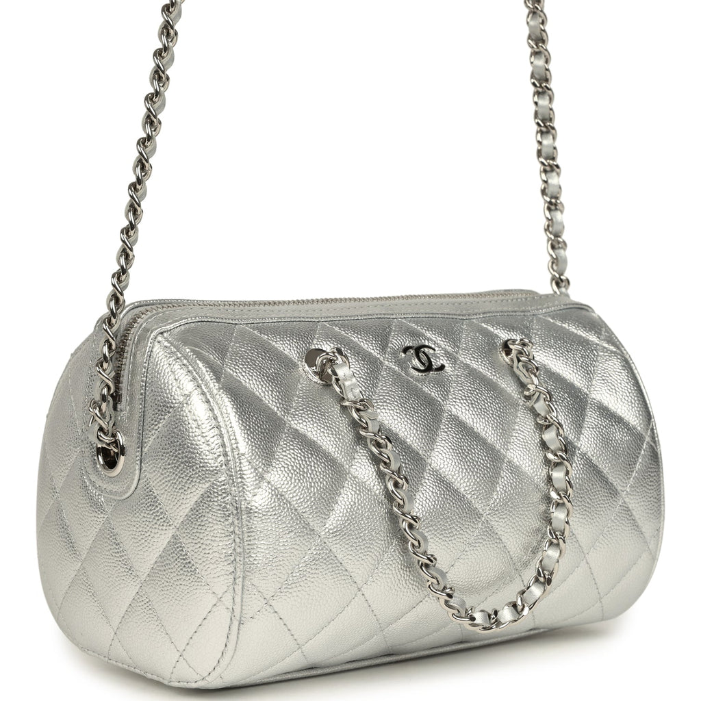 Chanel Mini Timeless Classic Barrel Bag with Chain Metallic Silver Shiny Caviar Silver Hardware