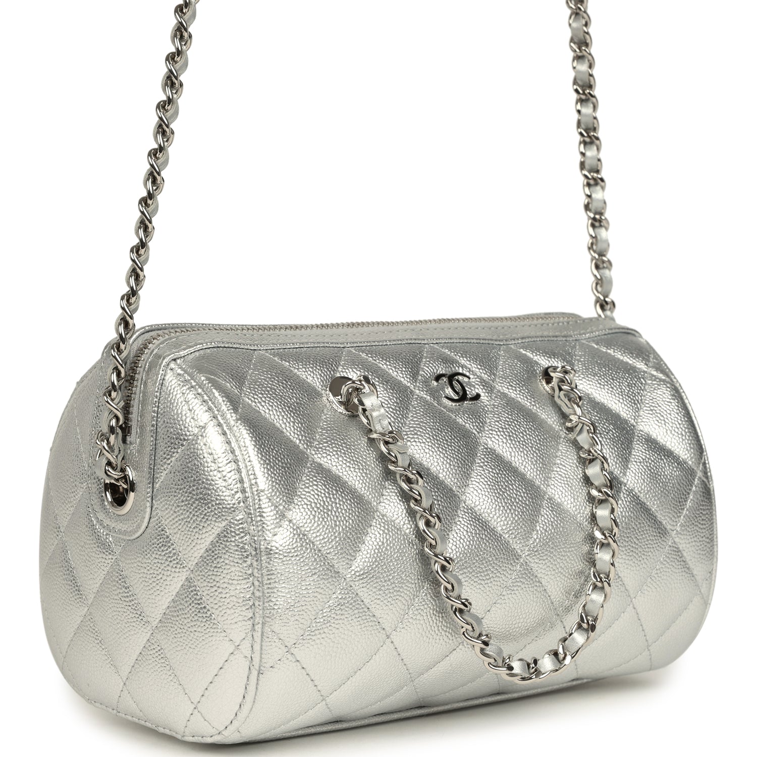 Chanel Mini Timeless Classic Barrel Bag with Chain Metallic Silver Shiny Caviar Silver Hardware