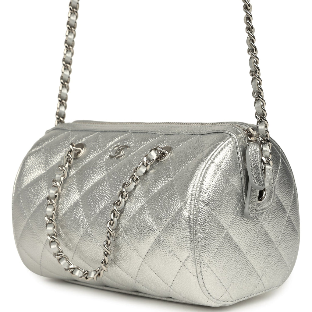 Chanel Mini Timeless Classic Barrel Bag with Chain Metallic Silver Shiny Caviar Silver Hardware