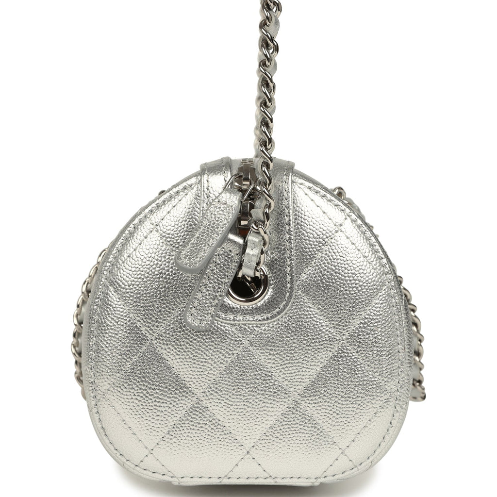 Chanel Mini Timeless Classic Barrel Bag with Chain Metallic Silver Shiny Caviar Silver Hardware