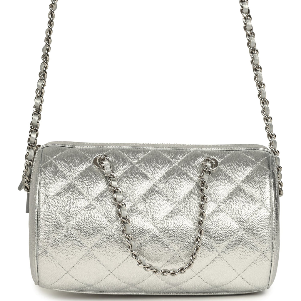 Chanel Mini Timeless Classic Barrel Bag with Chain Metallic Silver Shiny Caviar Silver Hardware