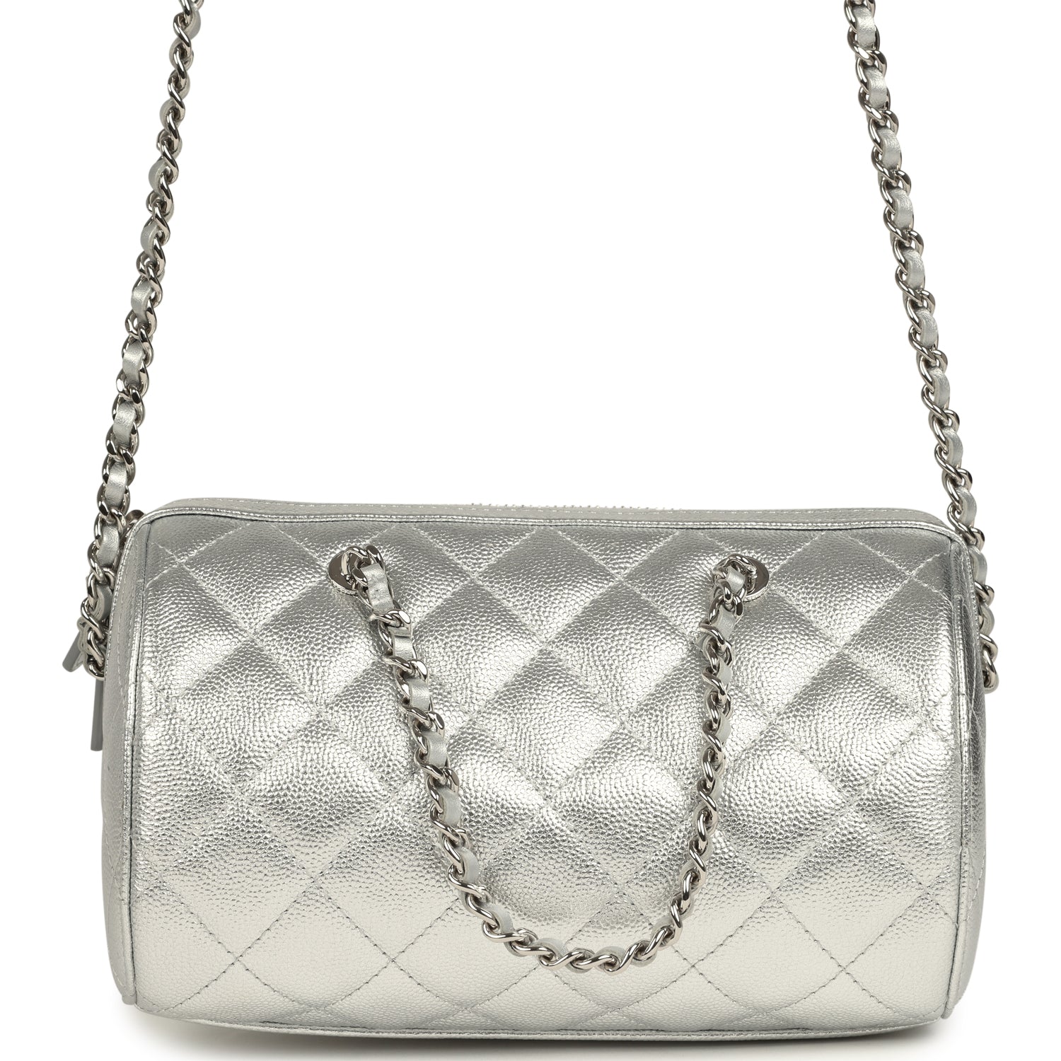 Chanel Mini Timeless Classic Barrel Bag with Chain Metallic Silver Shiny Caviar Silver Hardware