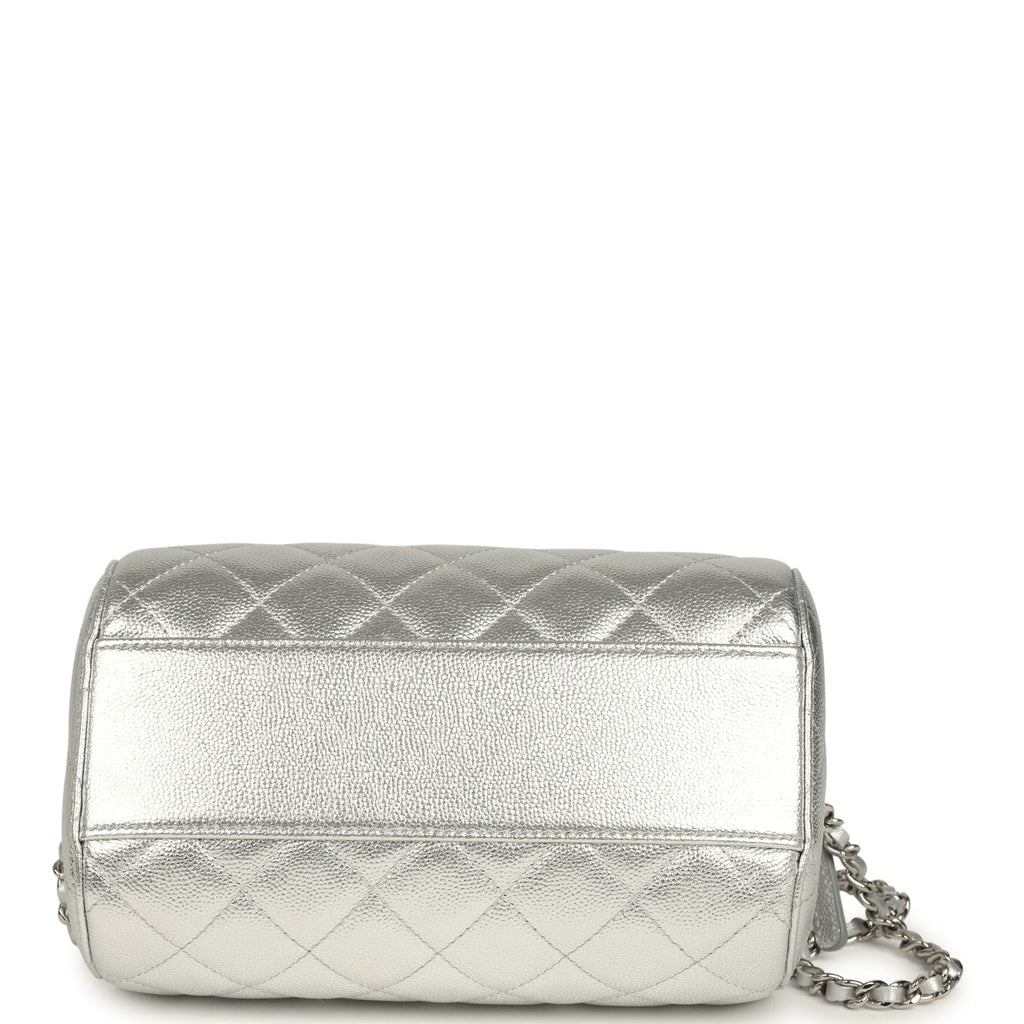 Chanel Mini Timeless Classic Barrel Bag with Chain Metallic Silver Shiny Caviar Silver Hardware