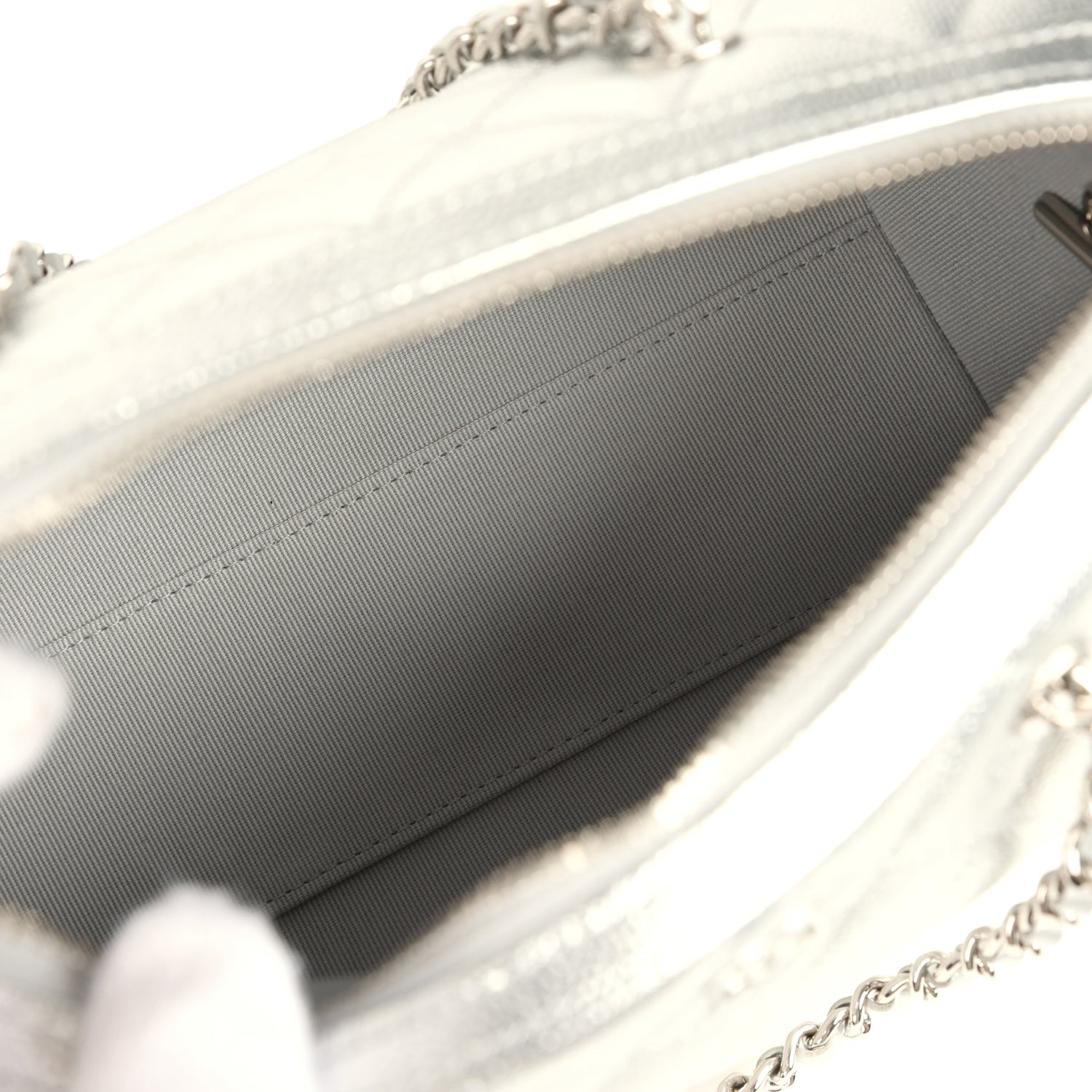 Chanel Mini Timeless Classic Barrel Bag with Chain Metallic Silver Shiny Caviar Silver Hardware