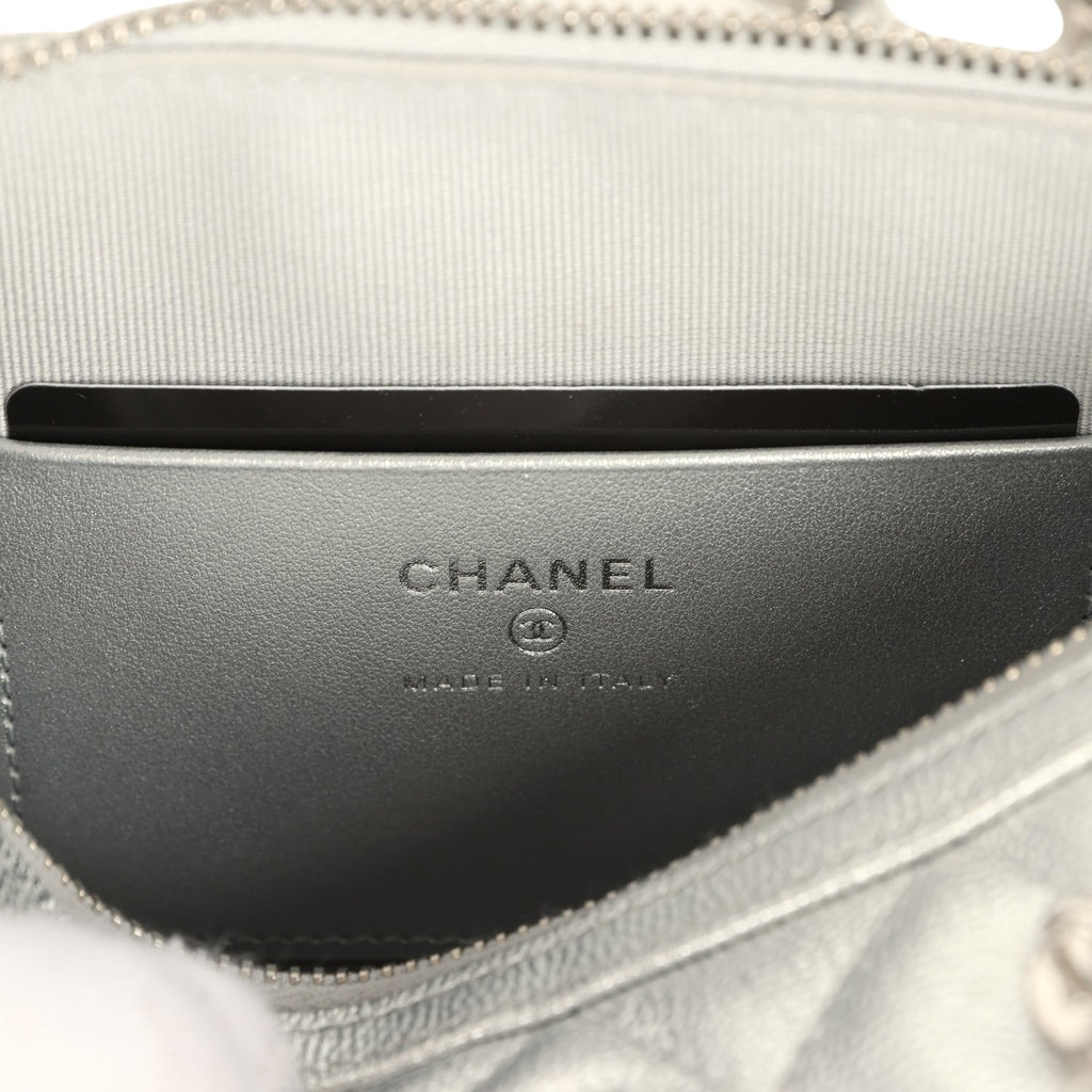 Chanel Mini Timeless Classic Barrel Bag with Chain Metallic Silver Shiny Caviar Silver Hardware