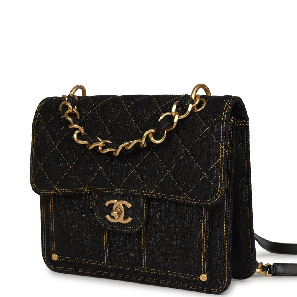 Chanel Double You Flap Backpack Black Denim Antique Gold Hardware