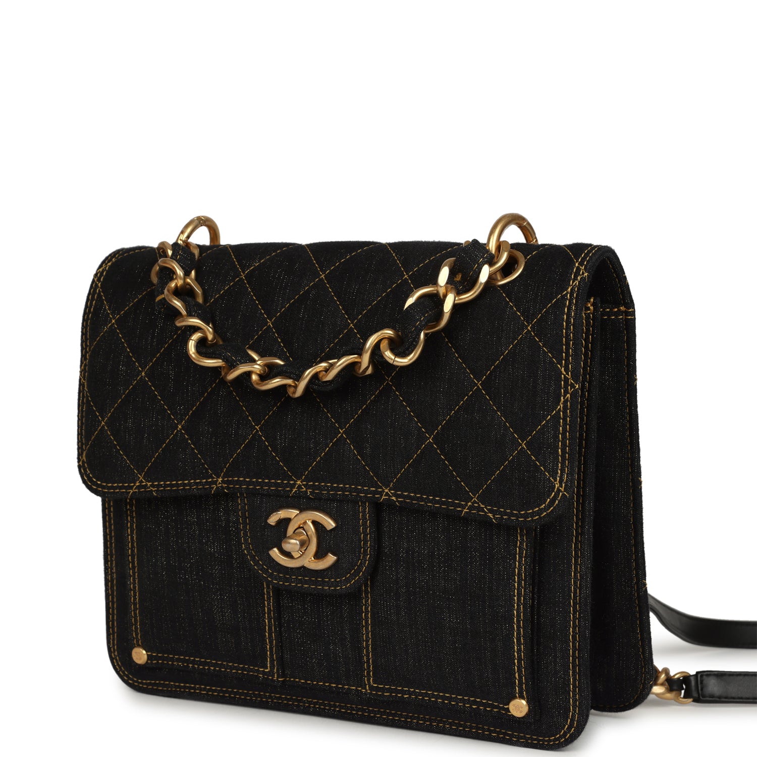 Chanel Double You Flap Backpack Black Denim Antique Gold Hardware